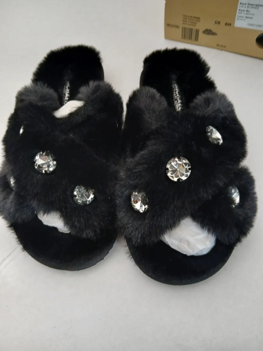 Michael Kors Black Faux Fur Jeweled Slide Slippers Size 6M New $35